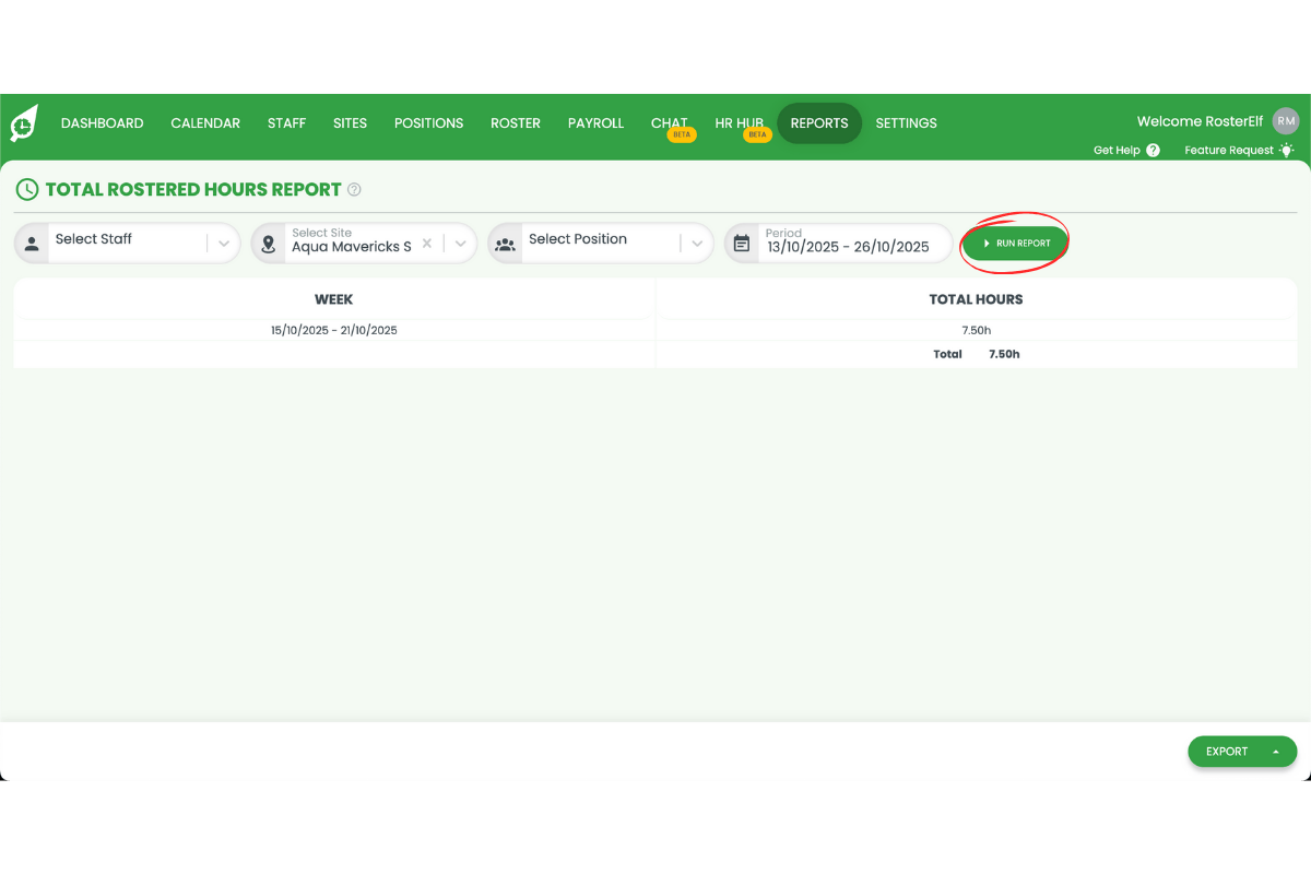Run Report button to generate the total rostered hours report