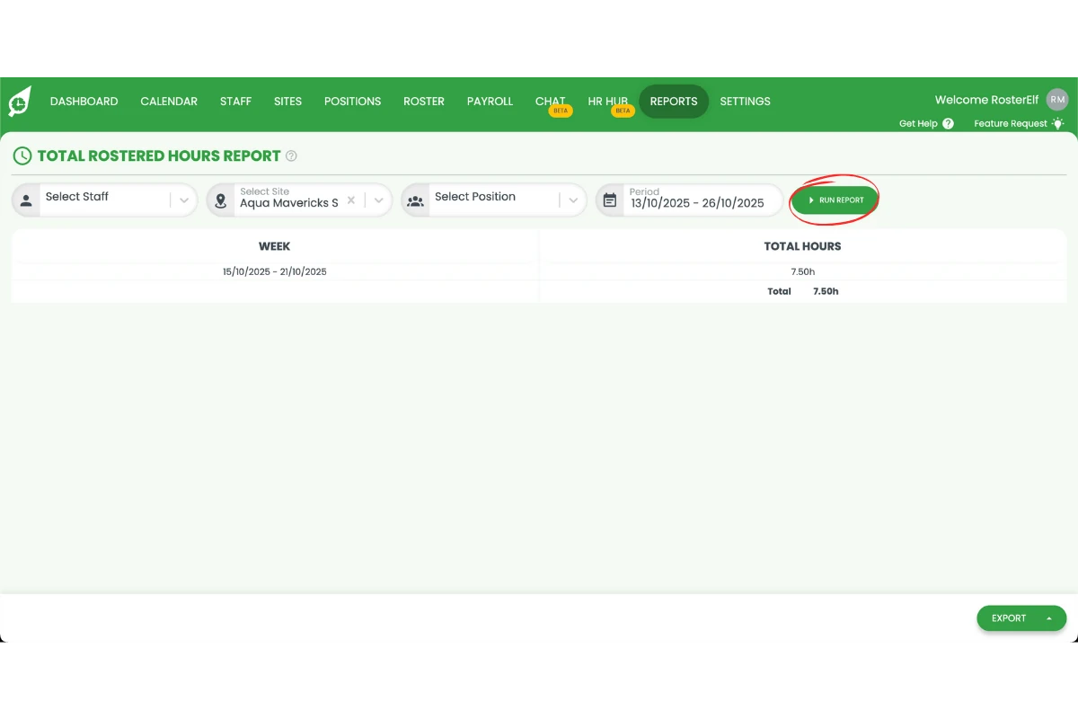 Run Report button to generate the total rostered hours report