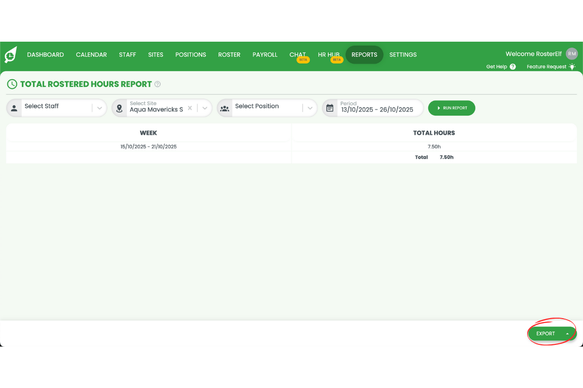 Export button to download the total rostered hours report