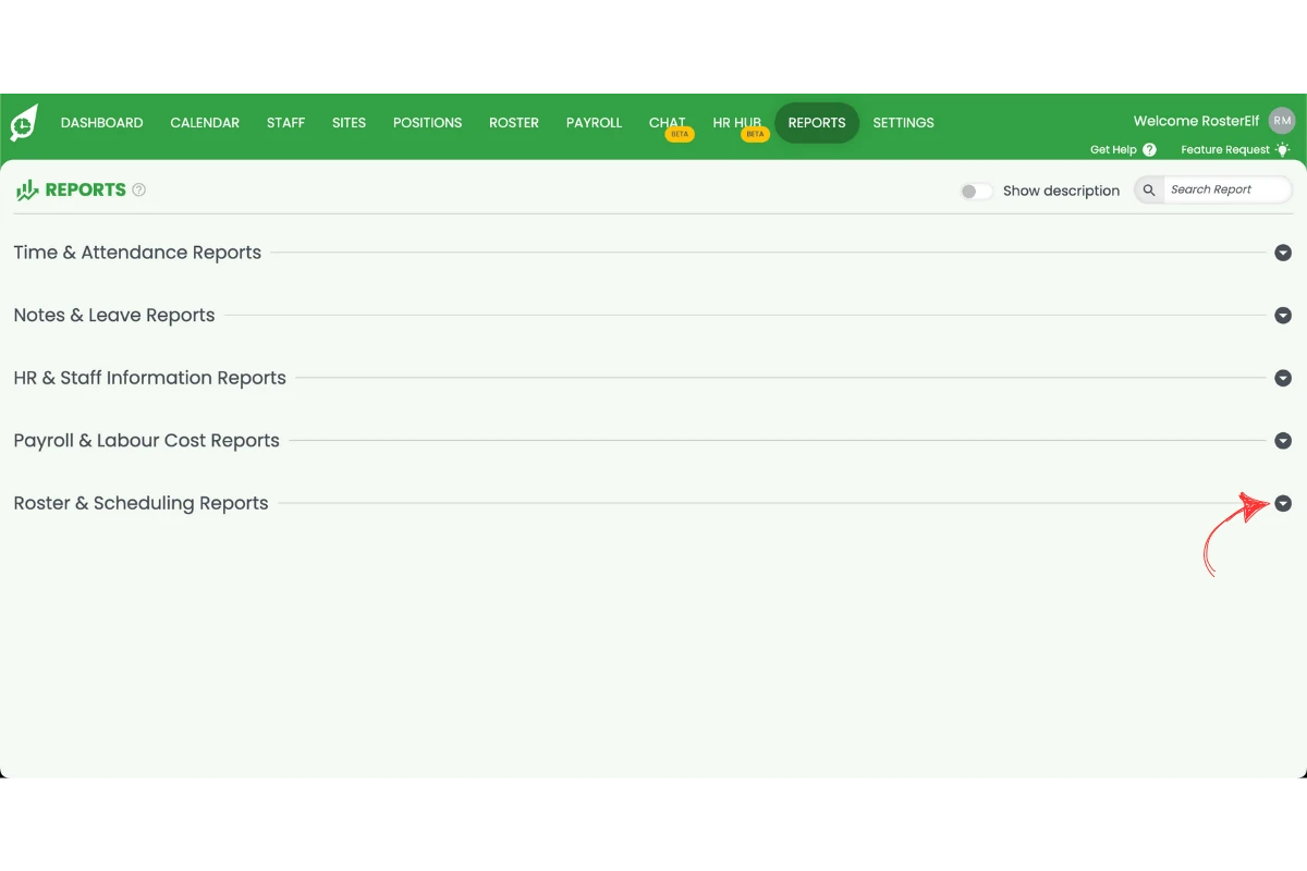 Rostered Hours Report section in the reports list