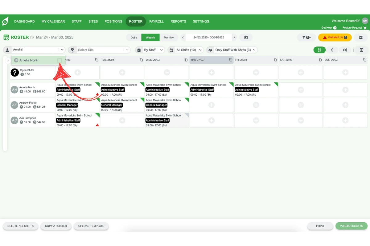 RosterElf roster page with 'Select Staff' dropdown