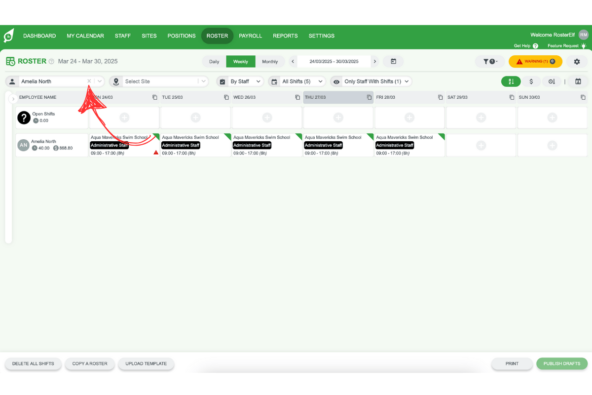 Close or clear filter button next to staff member's name in the dropdown