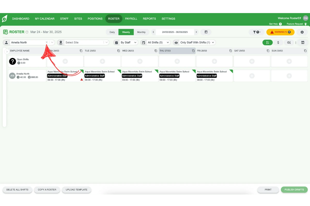 Close or clear filter button next to staff member's name in the dropdown