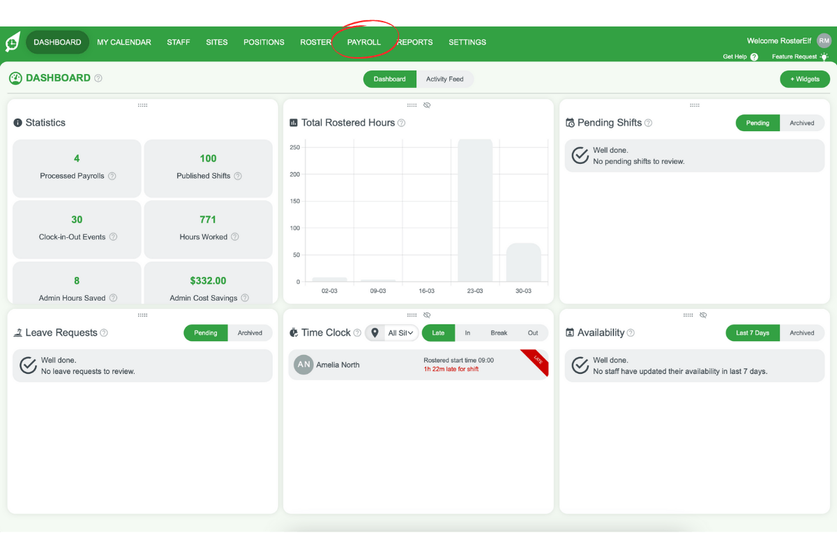 Payroll section in RosterElf