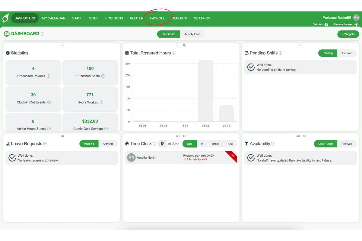 RosterElf Payroll tab in the top menu