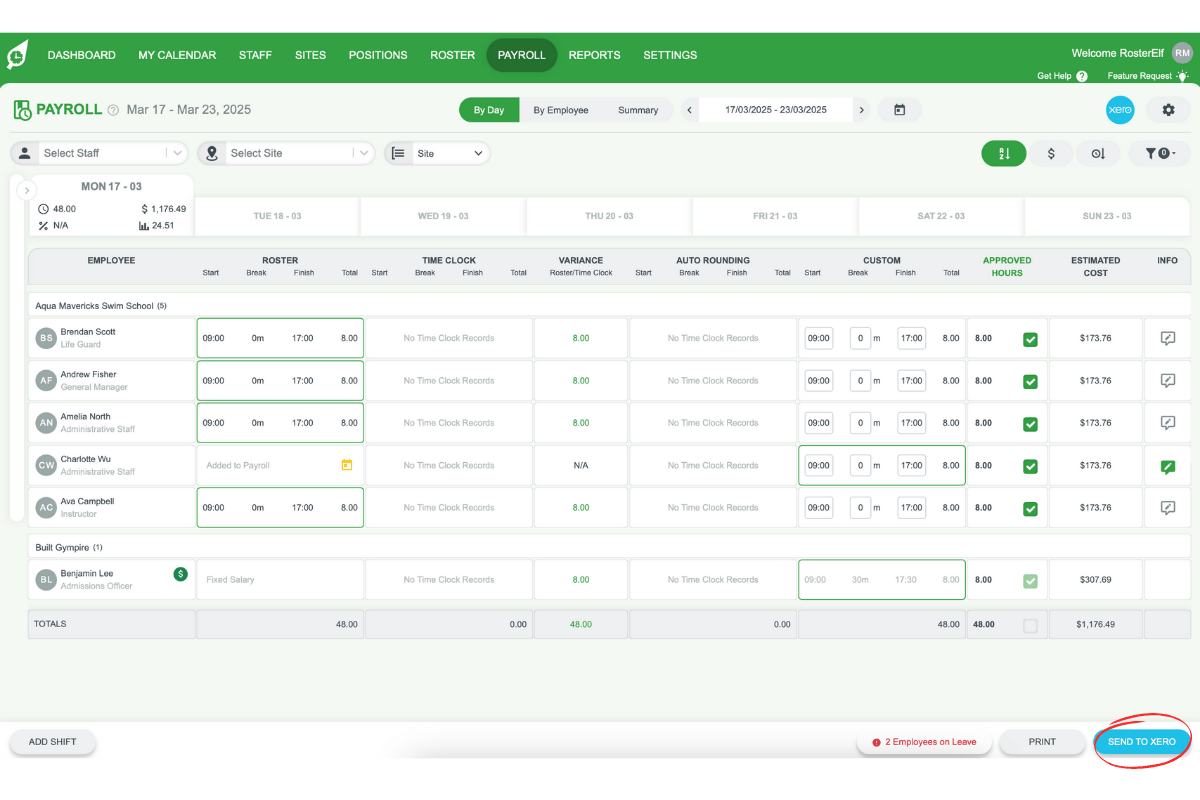 Screenshot showing the send to xero in RosterElf
