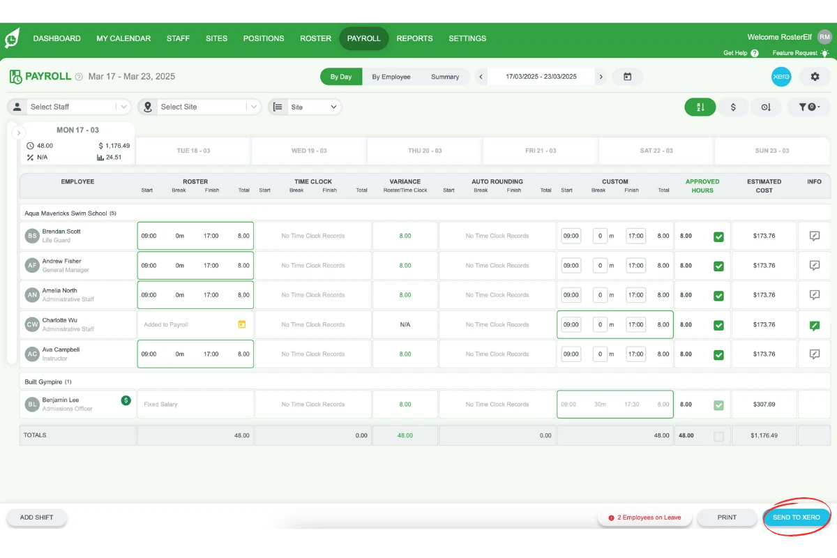 Screenshot showing the send to xero in RosterElf