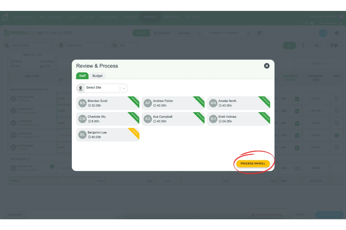 RosterElf payroll pop-up with the Process Payroll button