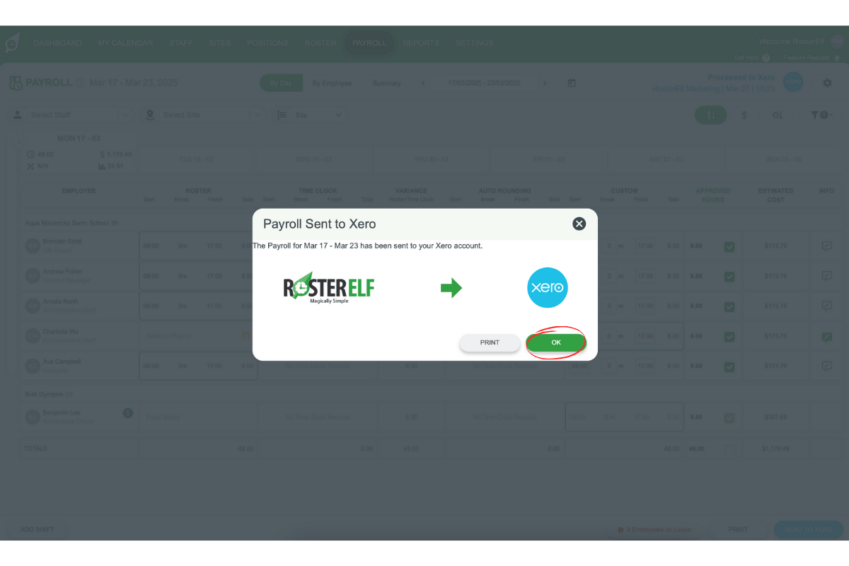Screenshot showing the ok in RosterElf