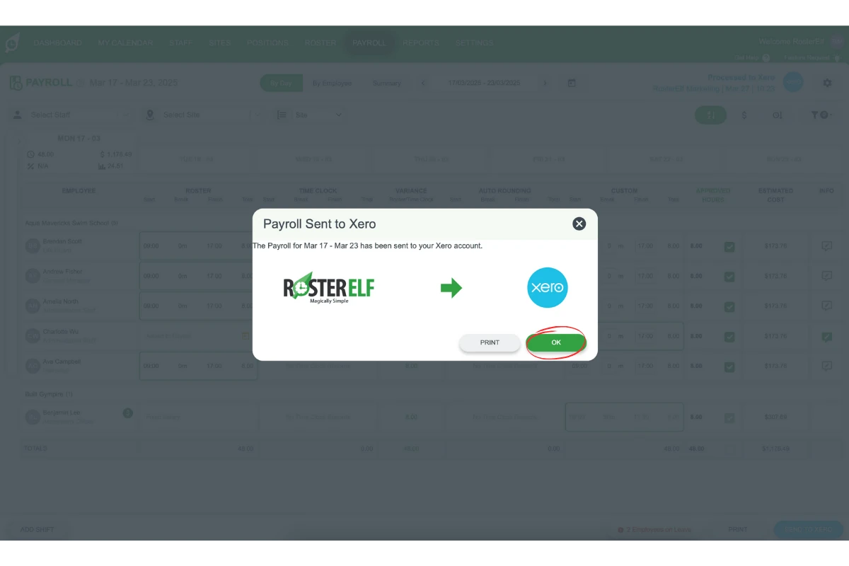 Screenshot showing the ok in RosterElf