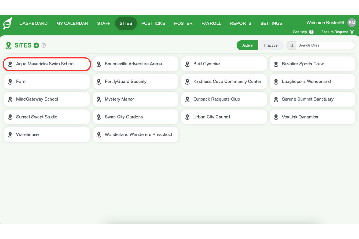 Screenshot displaying a list of sites to select from
