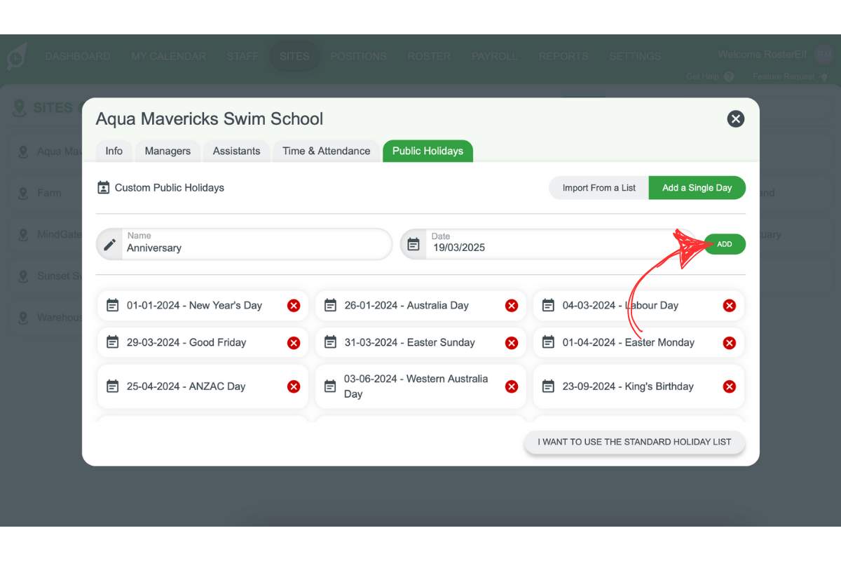 Screenshot highlighting the Add button to confirm the new holiday