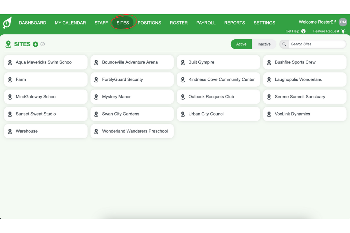 Screenshot highlighting the Sites tab in the main menu