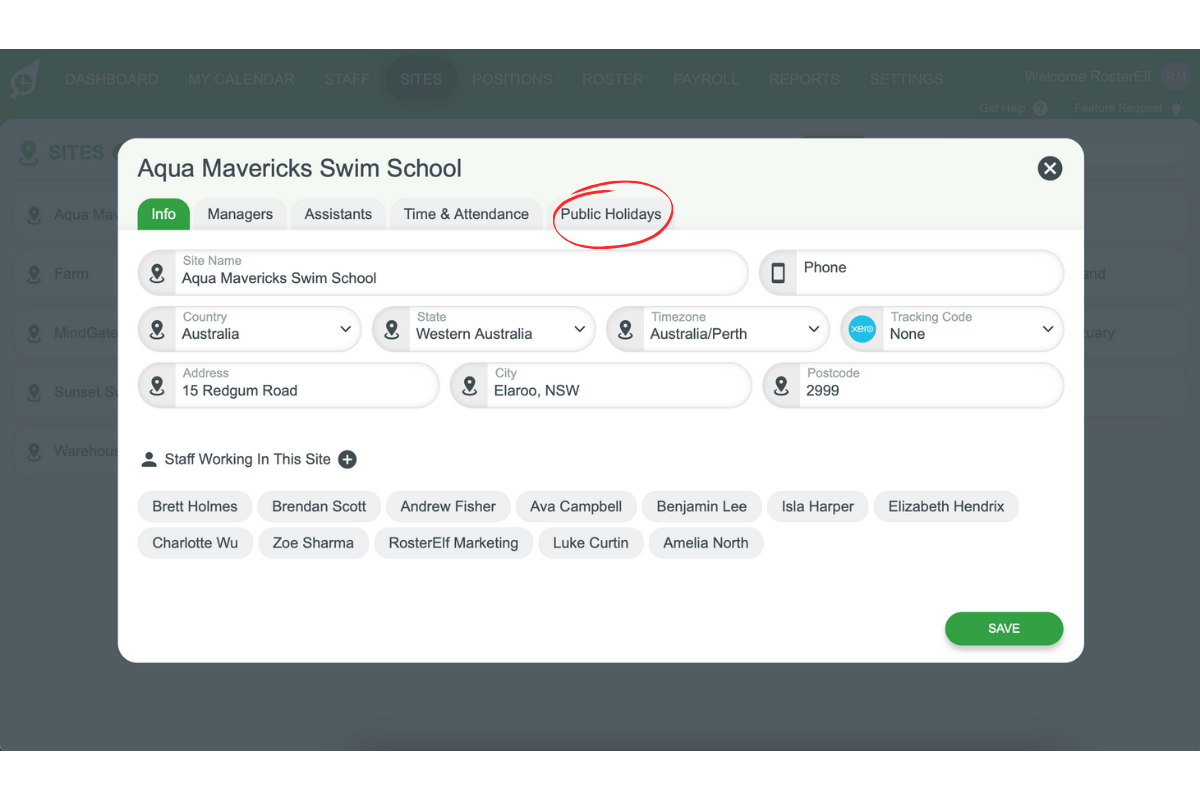 Screenshot pointing out the Public Holidays tab in site settings