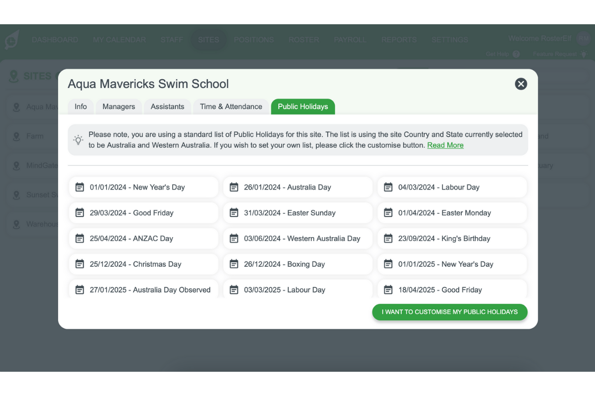 Screenshot showing the public holiday options after selecting the tab