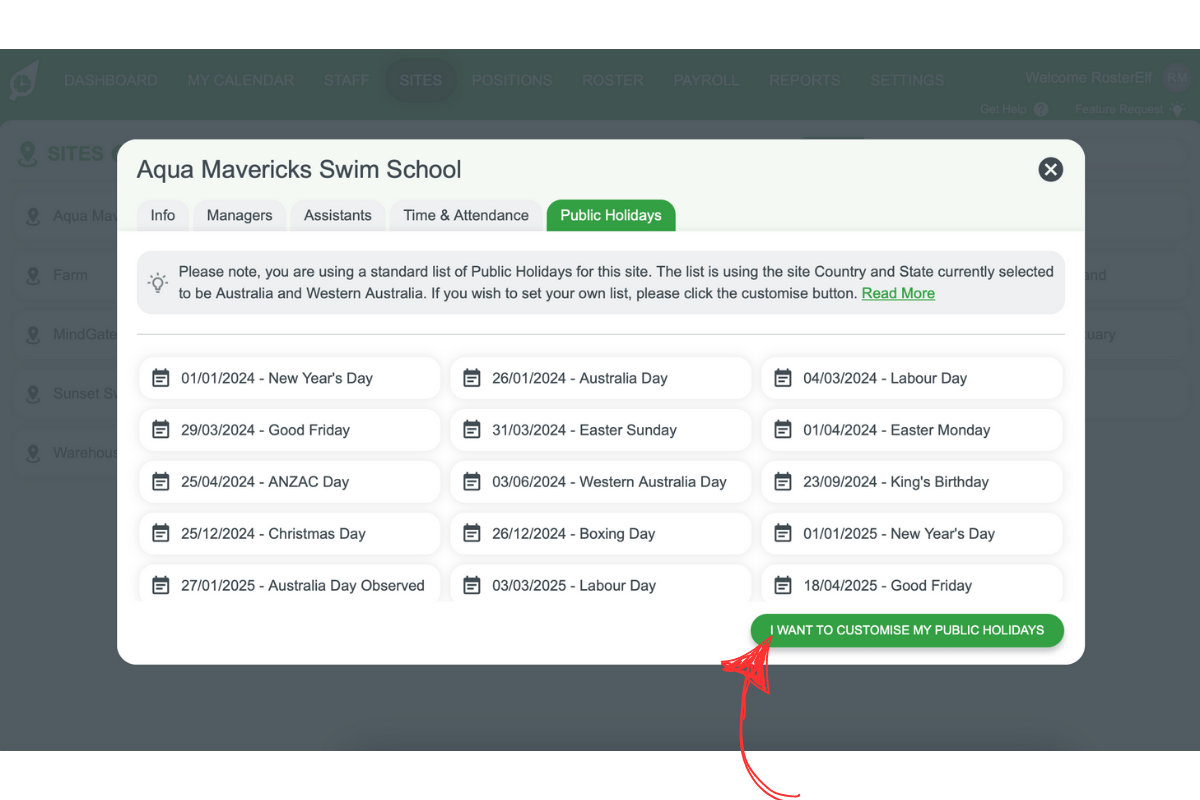 Screenshot showing the 'I want to customise my public holidays' button