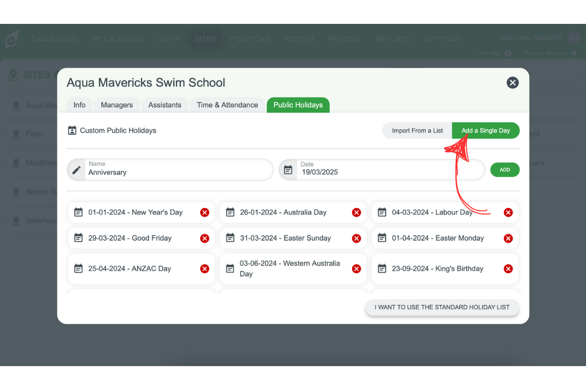 Screenshot illustrating the options to add a single day or import a list of holidays