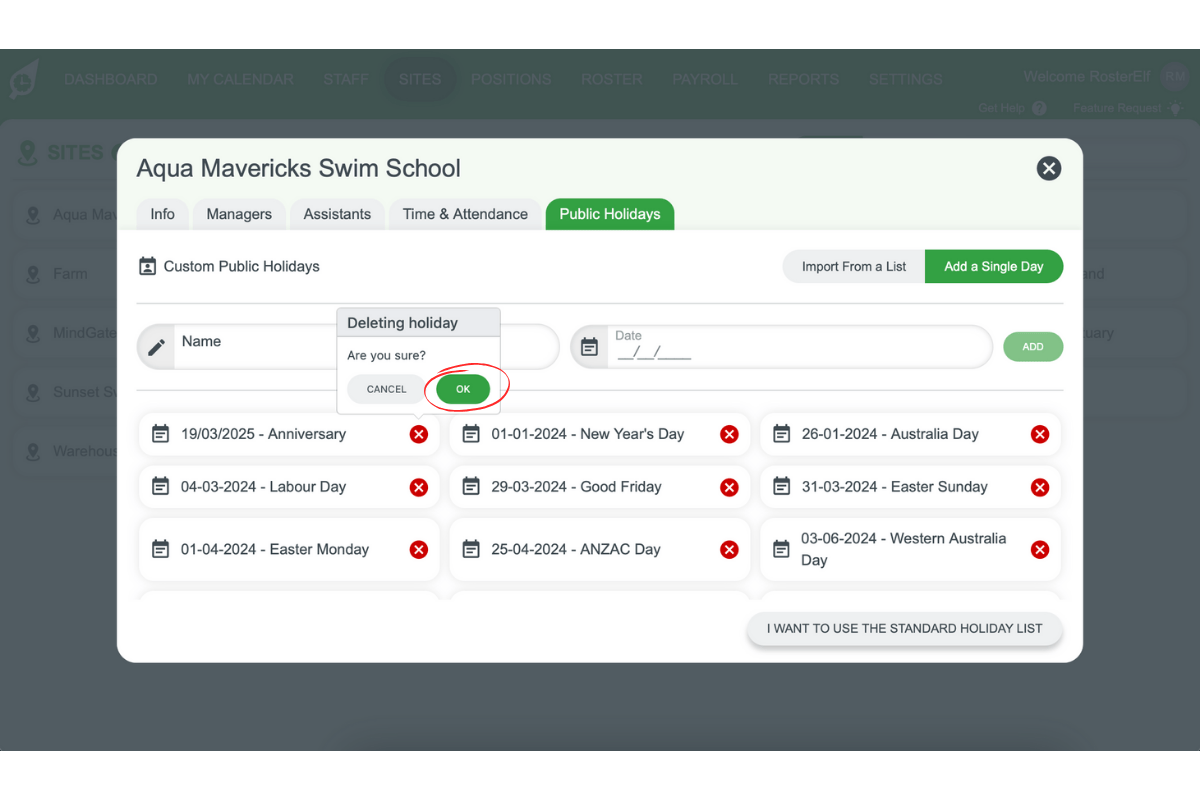 Screenshot showing the confirmation pop-up for removing a holiday