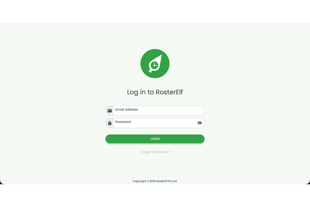 RosterElf login screen showing the email address and password fields