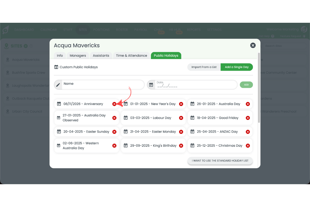 RosterElf Custom Public Holidays list showing the remove (×) button next to each holiday entry