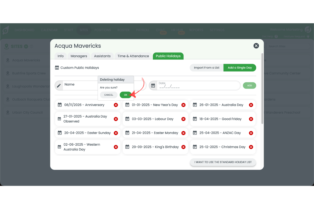 RosterElf public holiday form with the Add button highlighted to confirm saving the new holiday