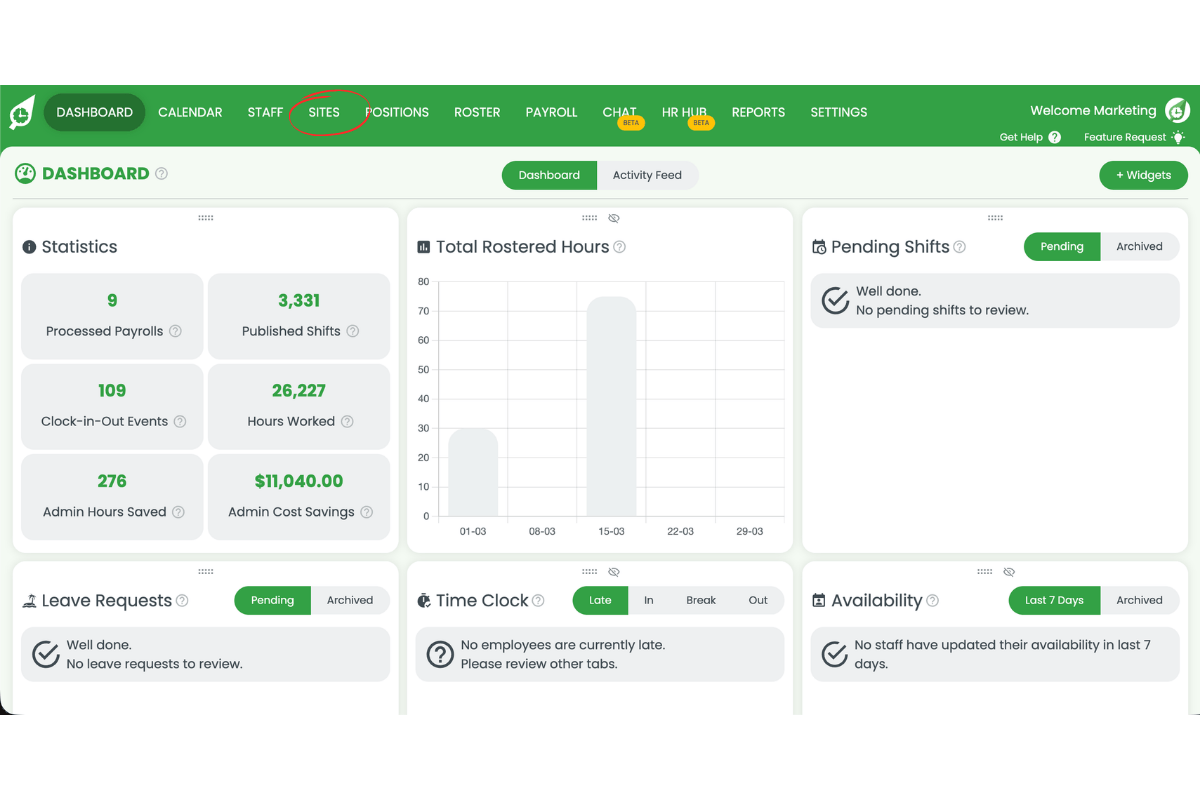 RosterElf dashboard with the Sites tab highlighted in the main navigation menu
