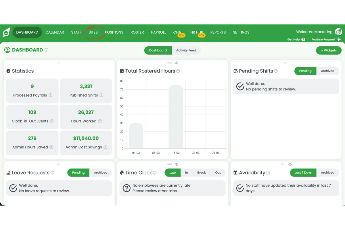 RosterElf dashboard with the Sites tab highlighted in the main navigation menu