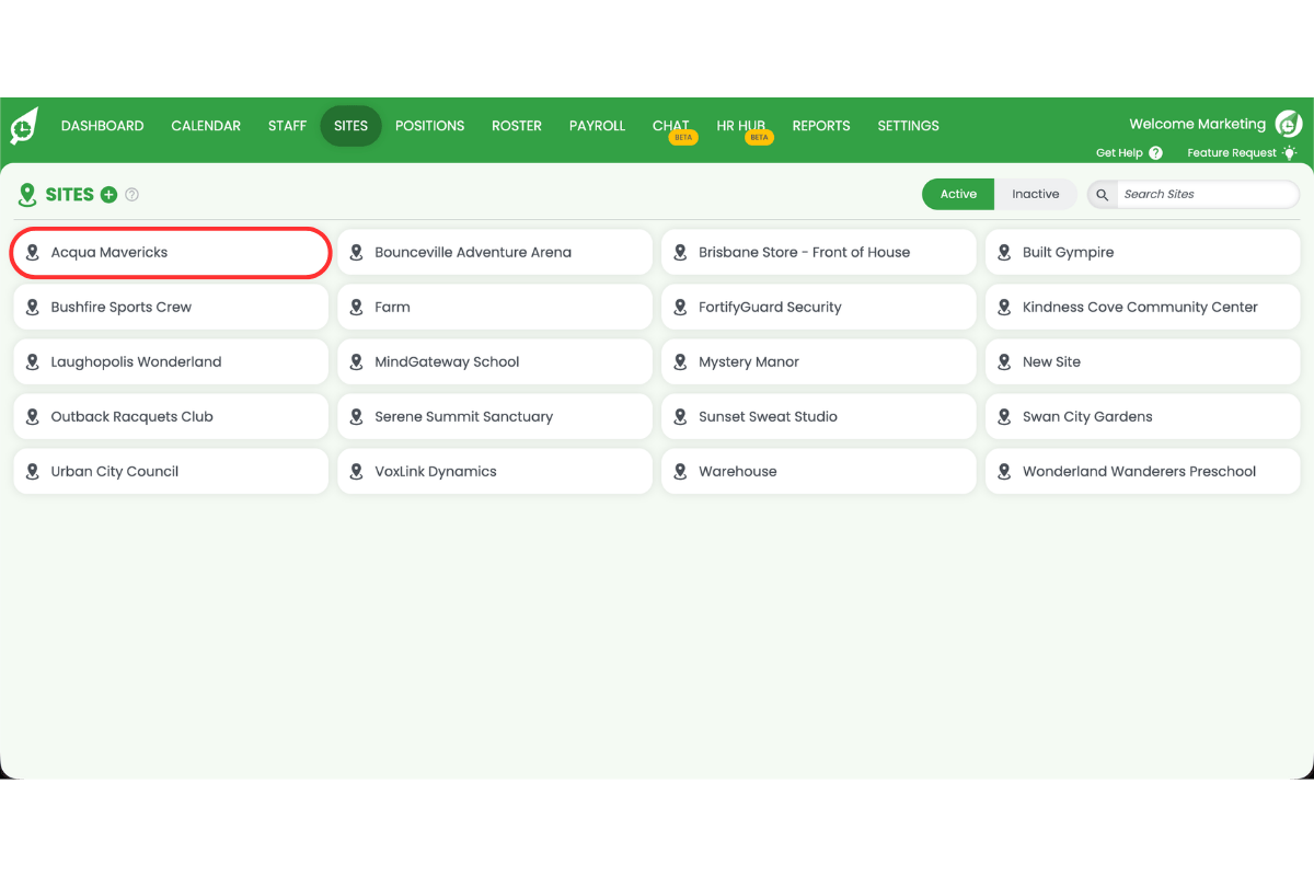 RosterElf Sites page showing a list of sites with one site highlighted for selection