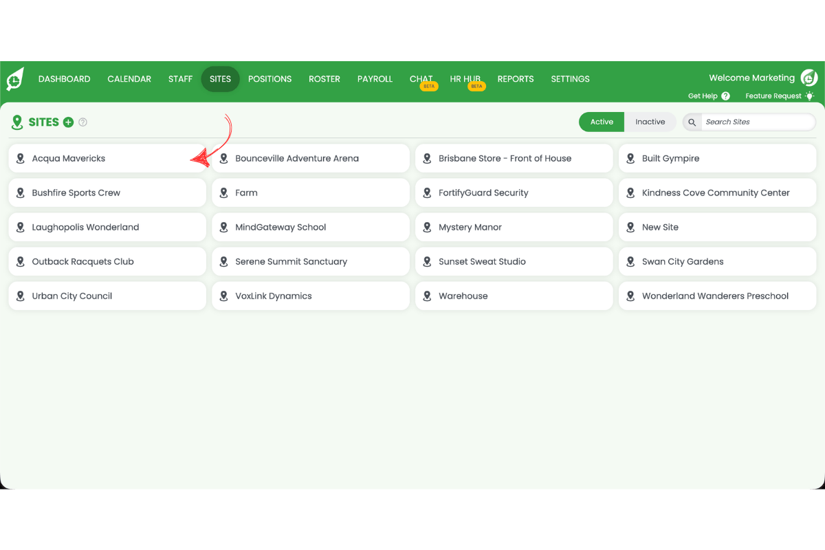 RosterElf Sites list with an arrow indicating where to click to open a site's settings