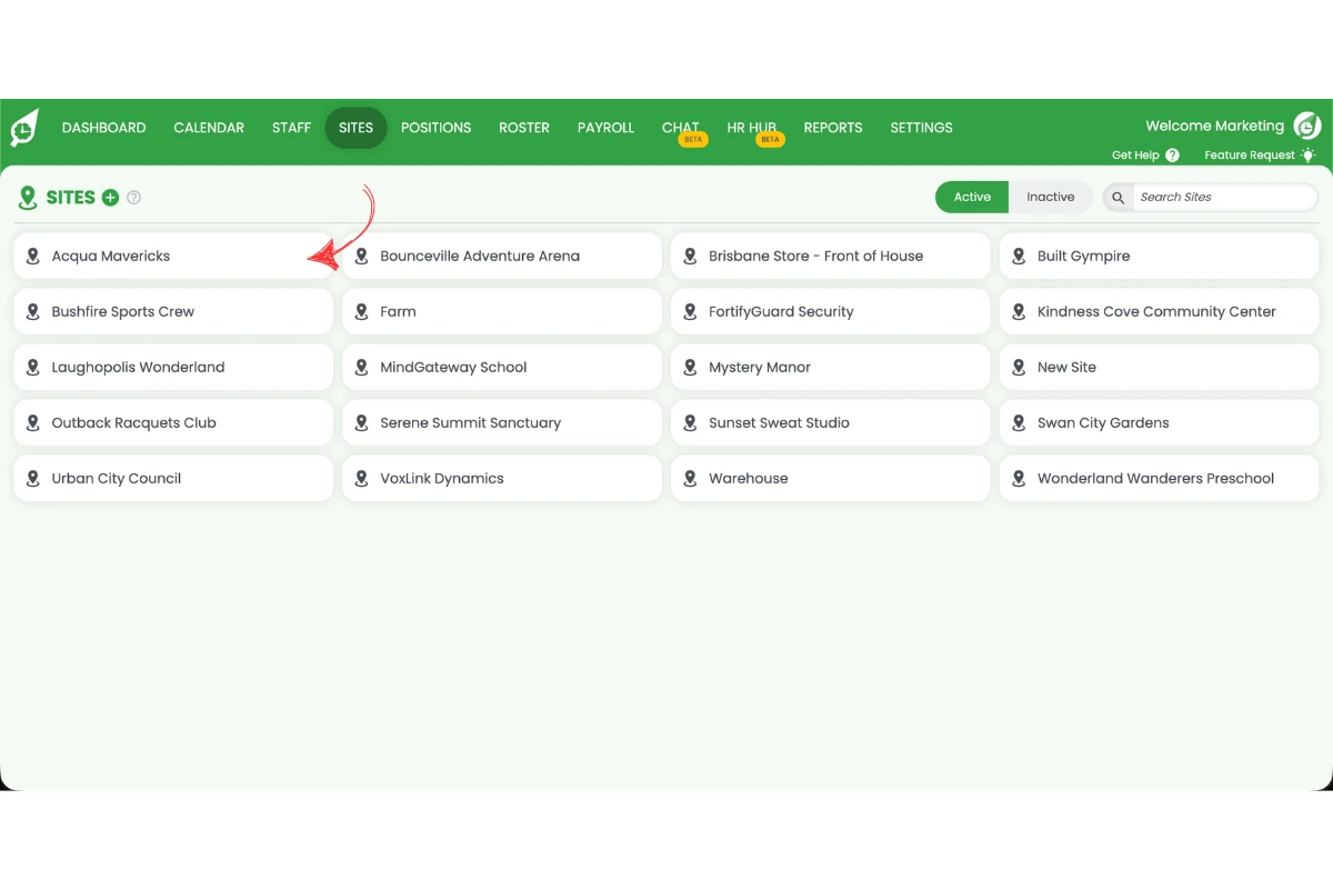 RosterElf Sites list with an arrow indicating where to click to open a site's settings