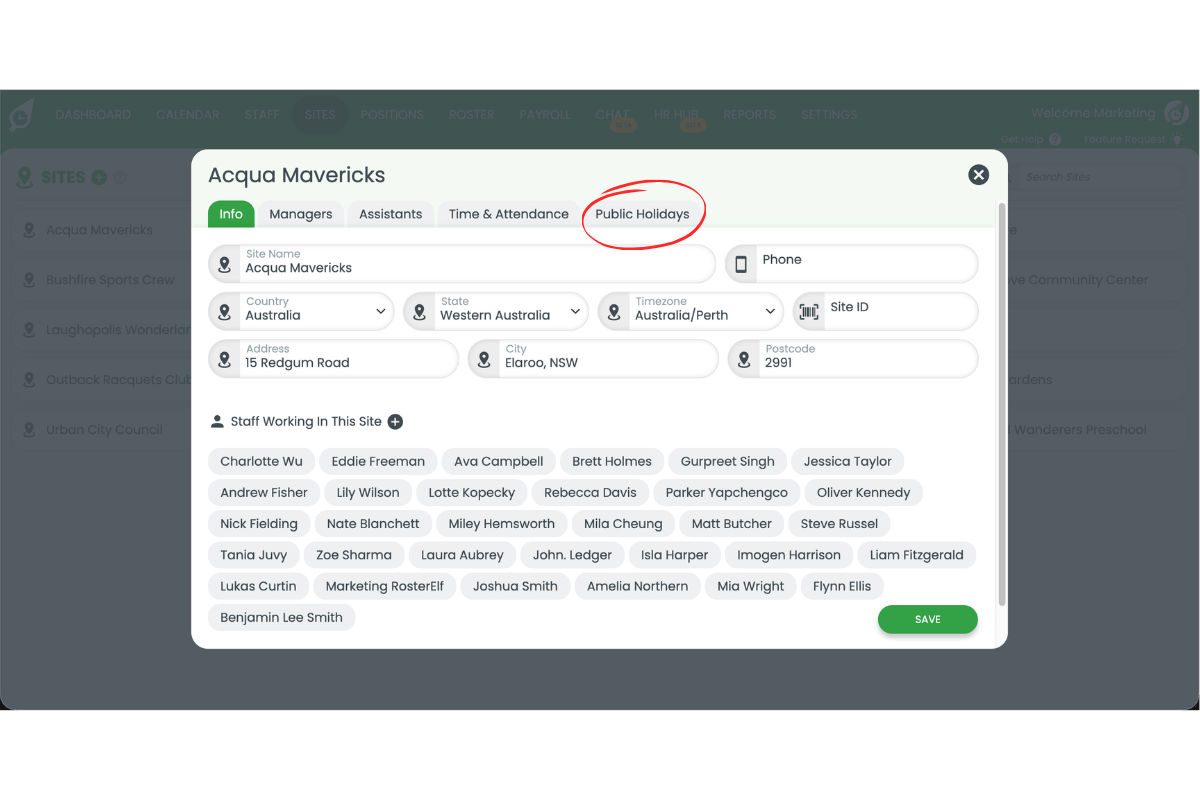 RosterElf site settings panel with the Public Holidays tab visible in the tab menu