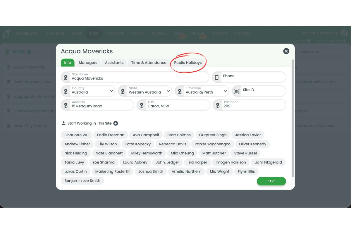 RosterElf site settings panel with the Public Holidays tab visible in the tab menu