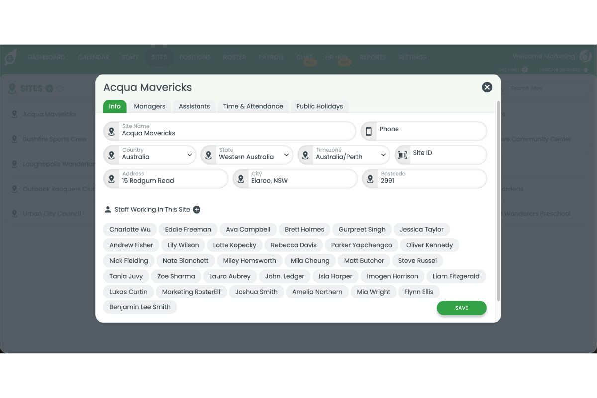 RosterElf site settings with the Public Holidays tab selected and active