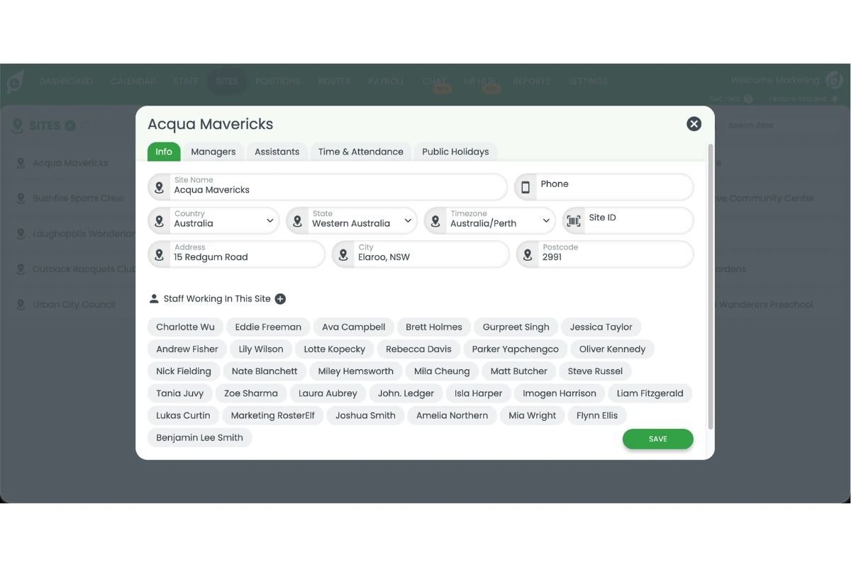 RosterElf site settings with the Public Holidays tab selected and active