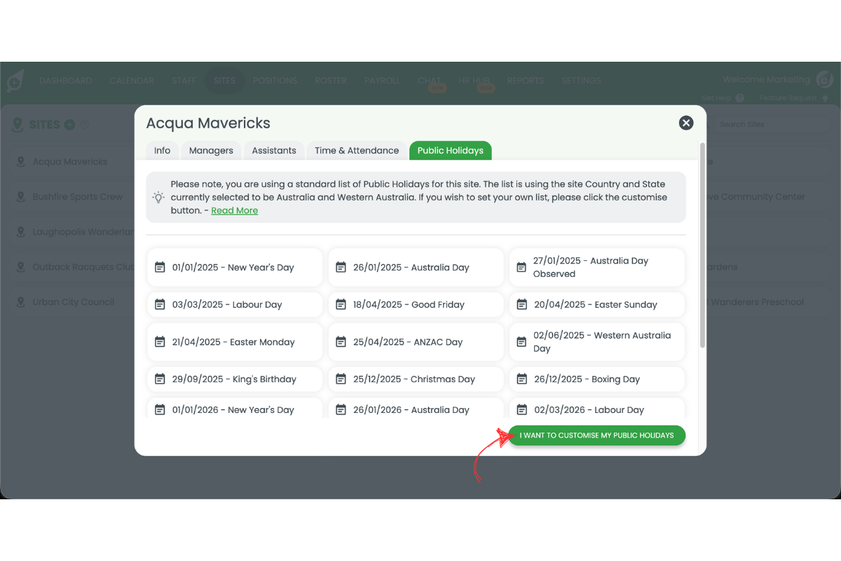 RosterElf Public Holidays tab showing the default holiday list with the 'I want to customise my public holidays' button