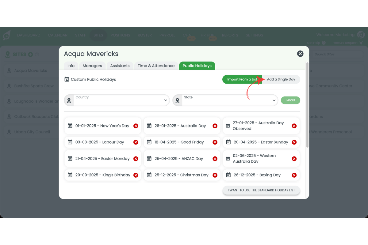 RosterElf Custom Public Holidays view showing the 'Add a Single Day' and 'Import from a list' options
