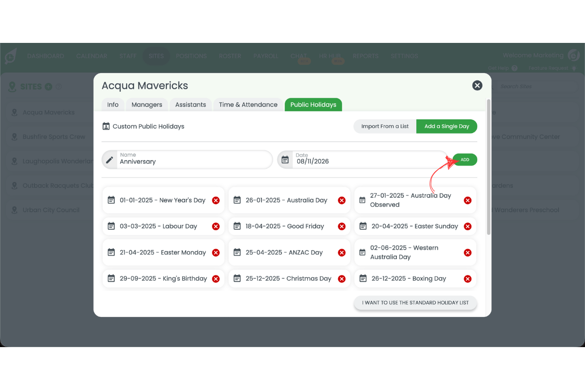 RosterElf public holiday entry form with a custom holiday name being entered in the text field