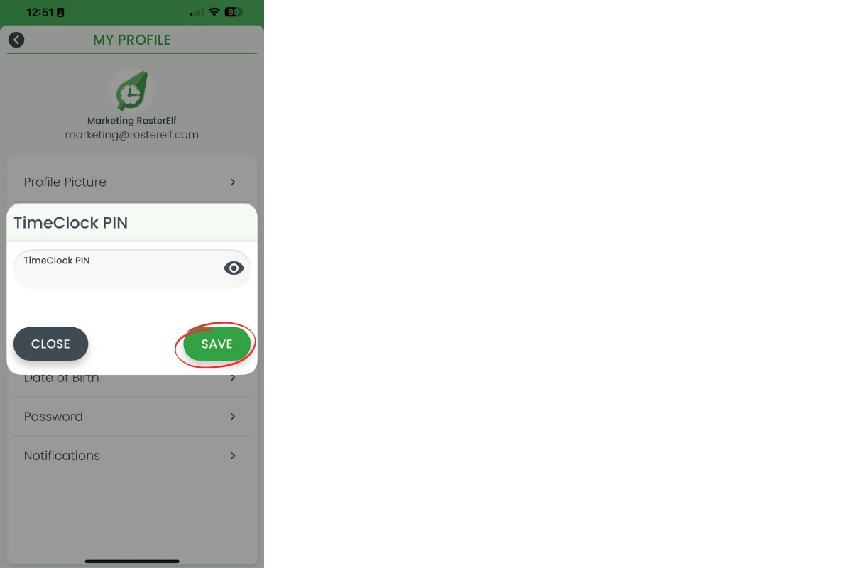 Save button to confirm PIN