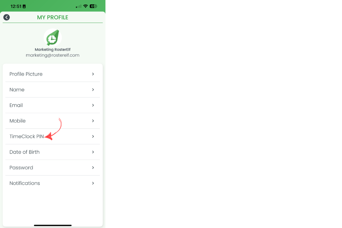 TimeClock PIN option in profile