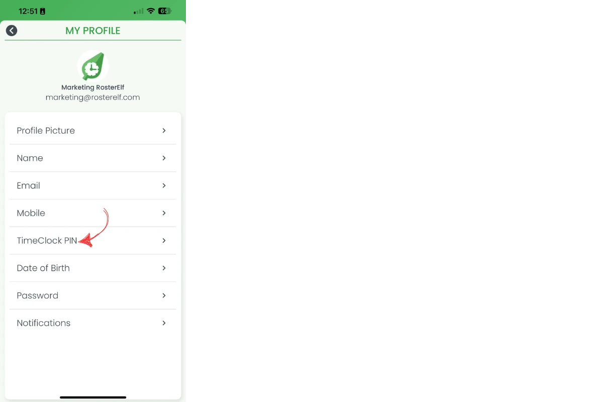 TimeClock PIN option in profile