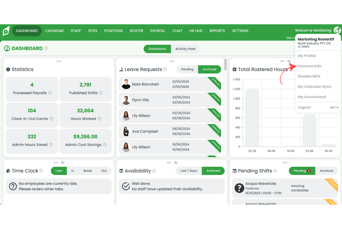 Account info menu option