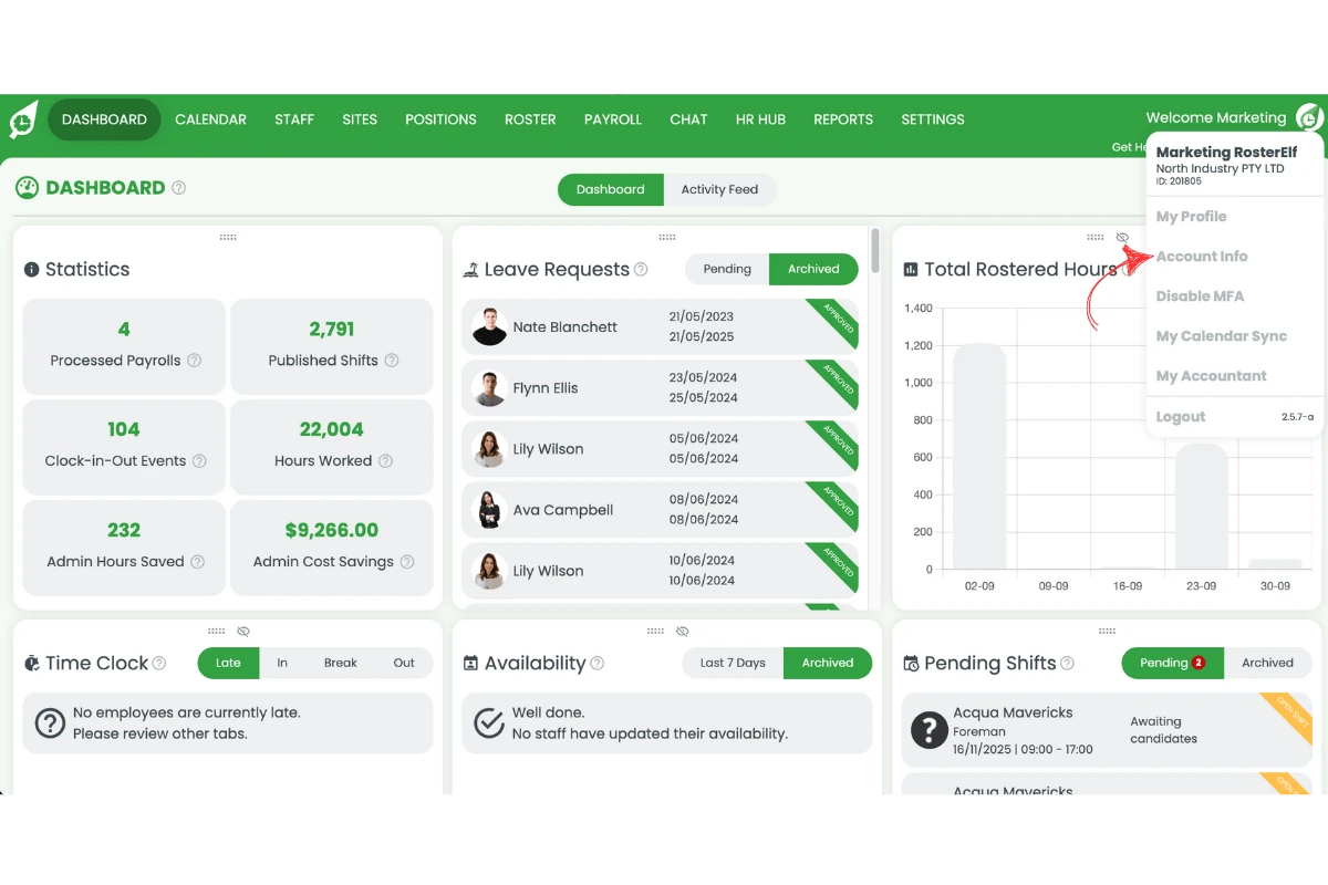 Account info menu option