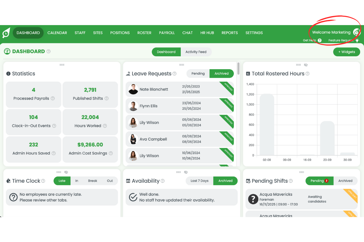 Welcome message in RosterElf