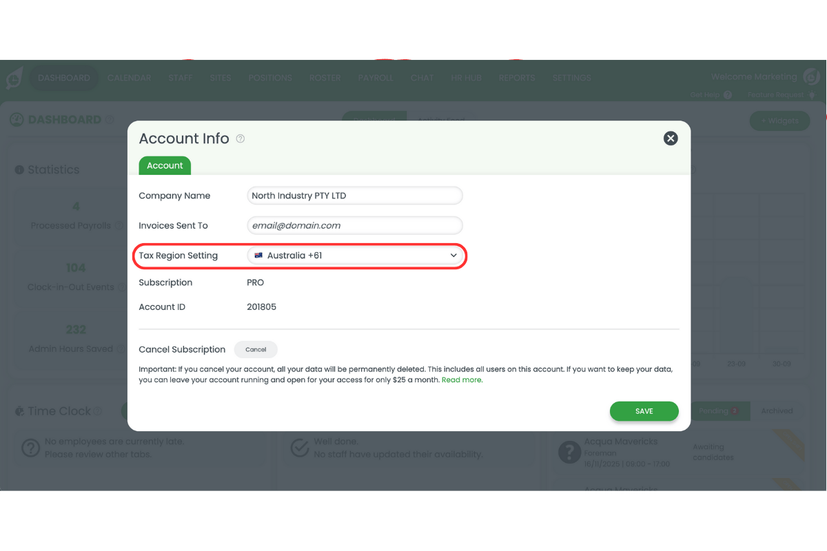 Tax settings section