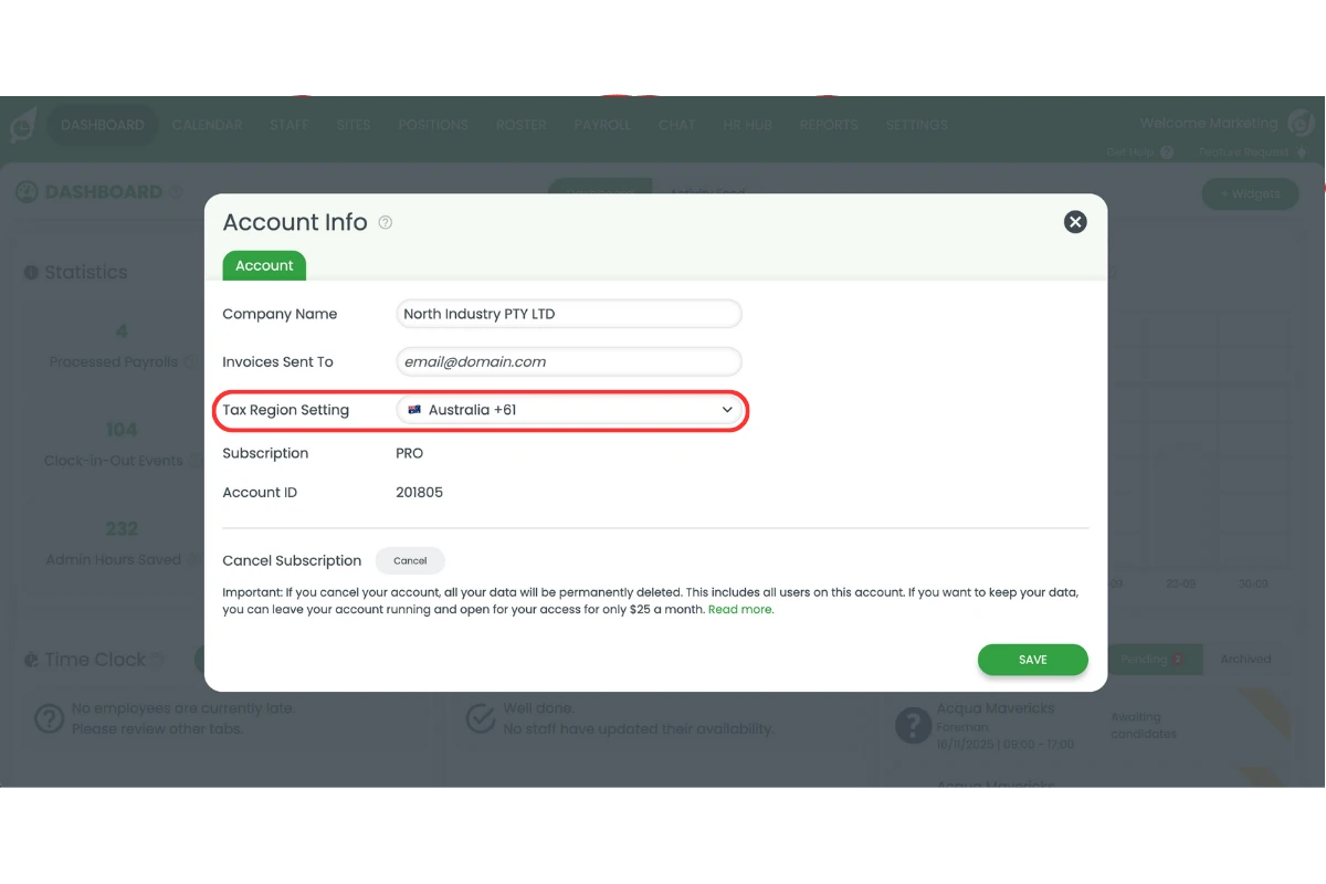 Tax settings section