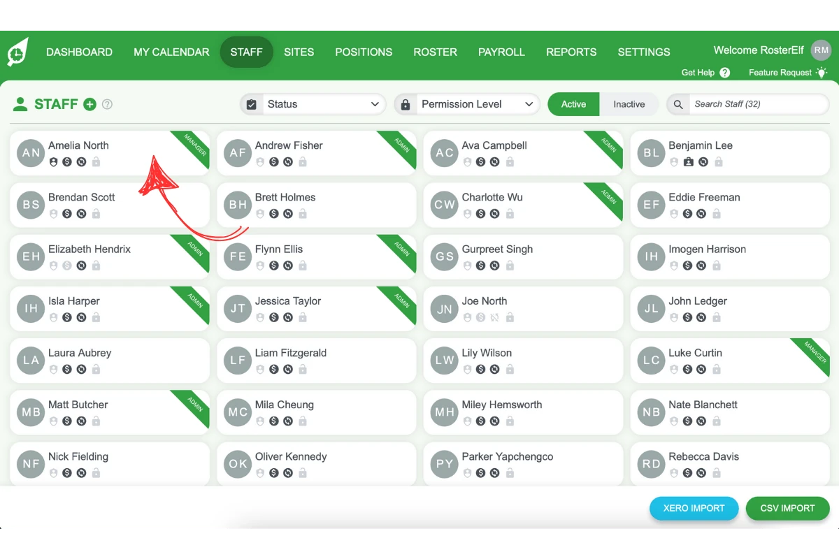 Screenshot indicating how to open a specific staff member's profile
