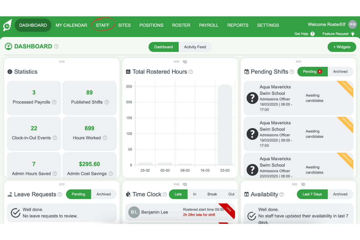 Screenshot highlighting the Staff tab in the main menu