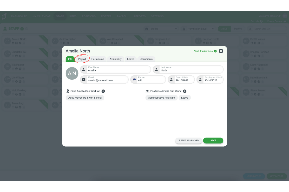 Screenshot highlighting the Payroll tab in a staff member's profile