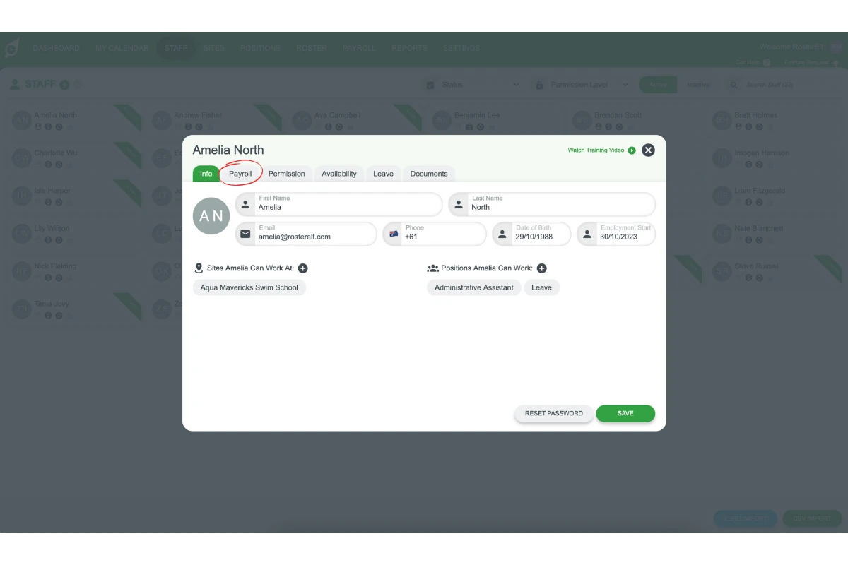 Screenshot highlighting the Payroll tab in a staff member's profile