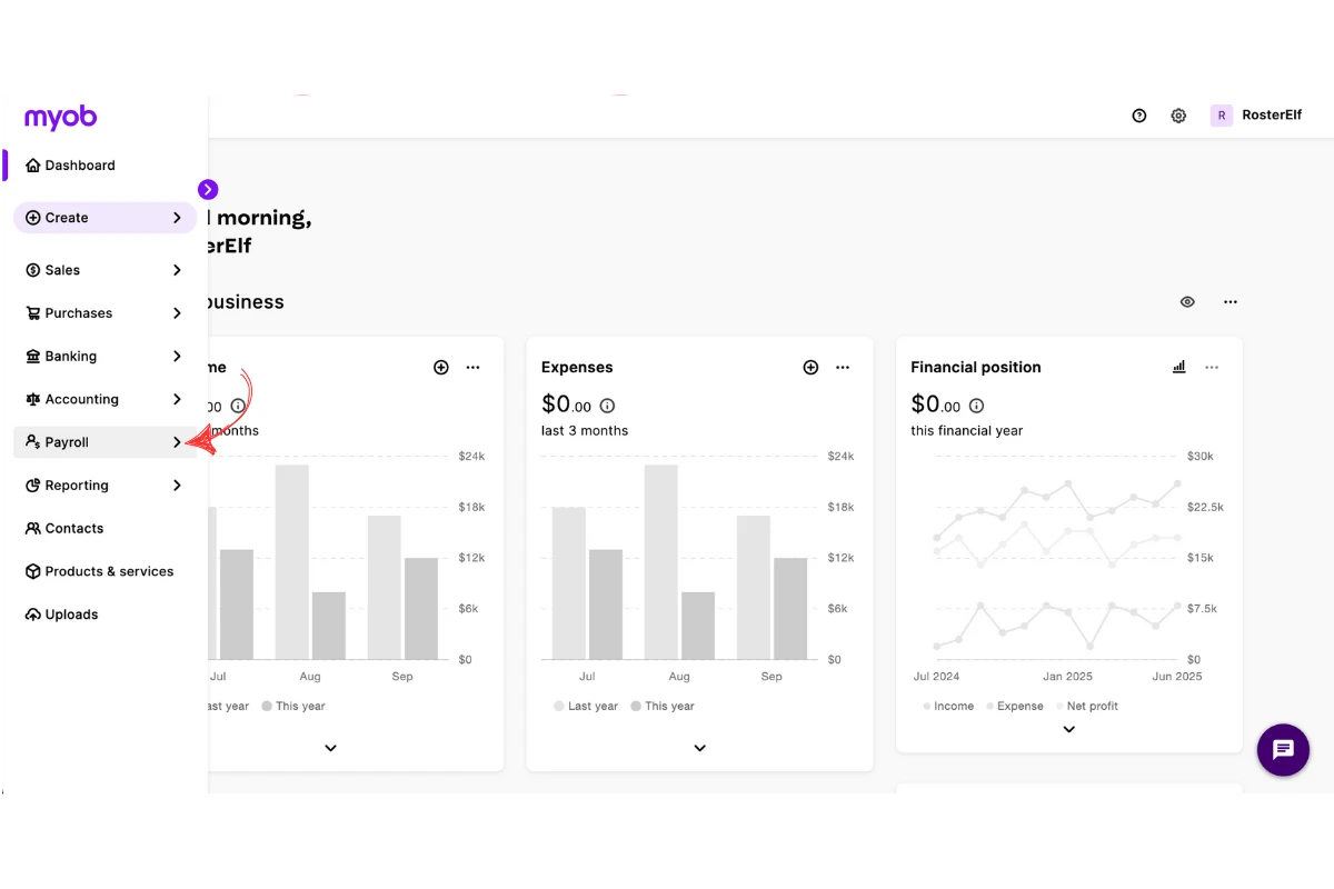 MYOB My Business menu with Payroll selected